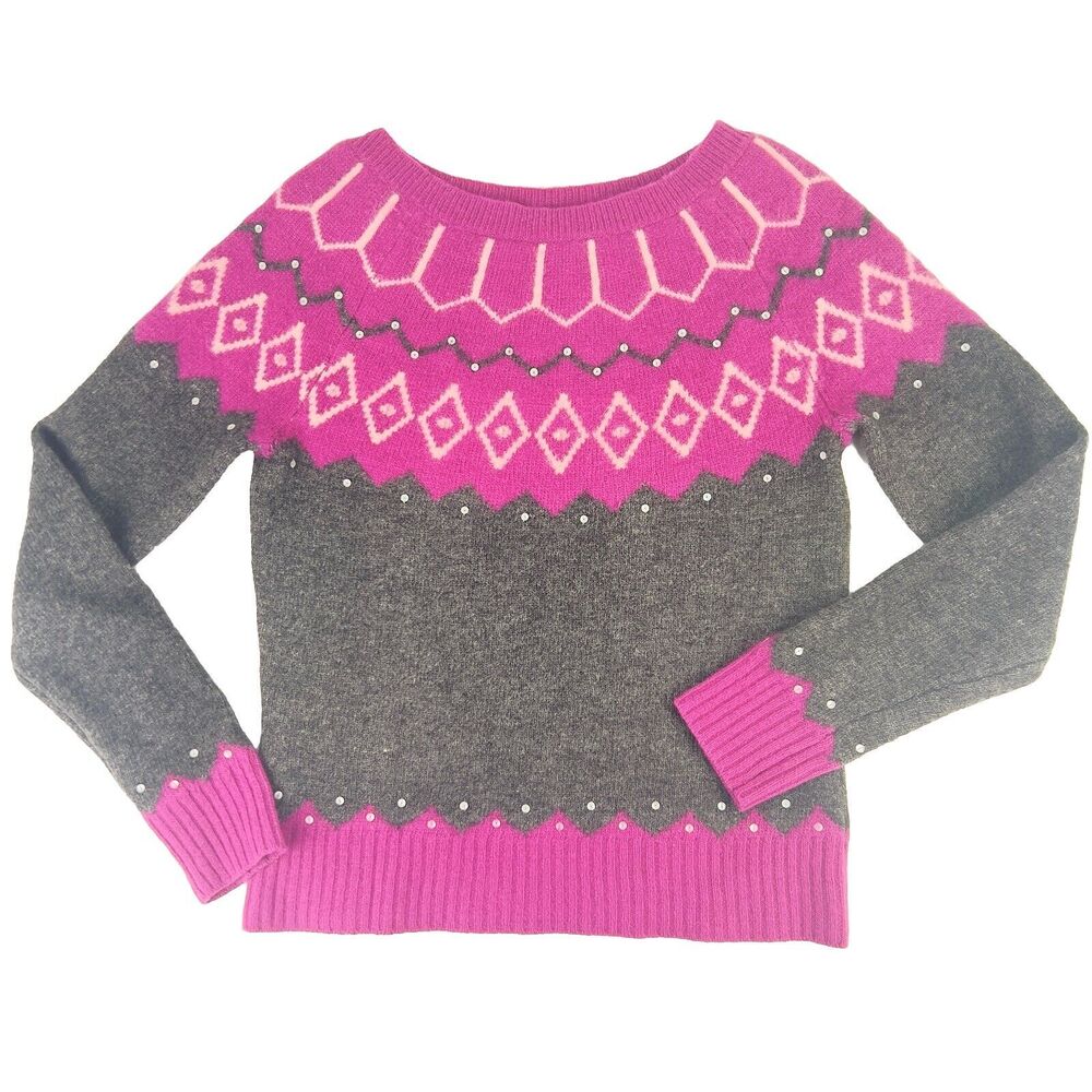 Vtg Wool & Angora Fair Isle Sweater Sz PS Pink Charcoal Gray Sequins Ultra‎ Soft